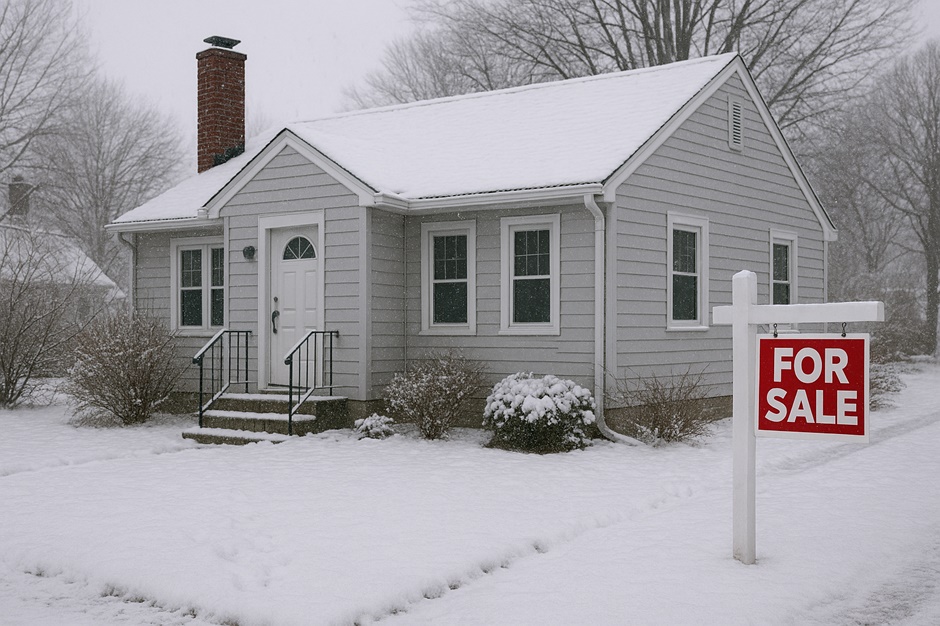 Winterhomeloan phot of a house for sale in winter