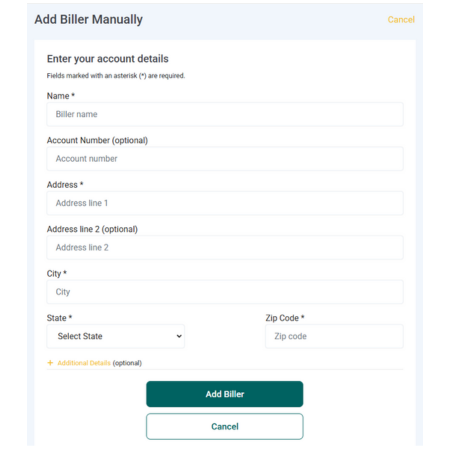 Add Biller Manual input screen