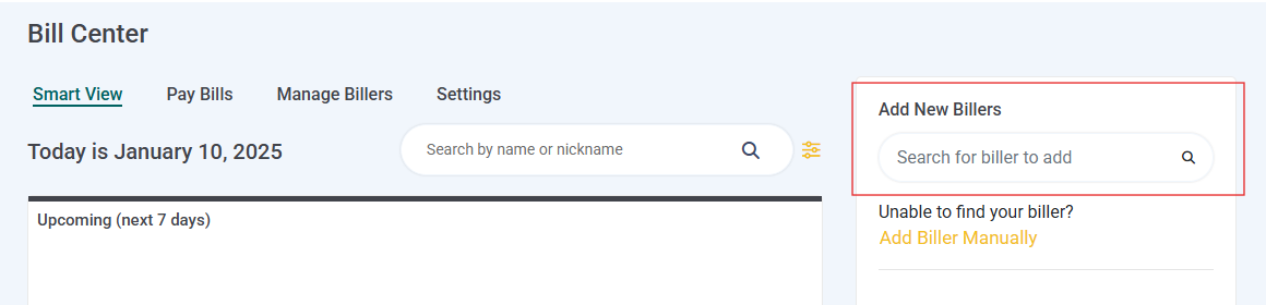 Image of Bill Center Add New Biller screen