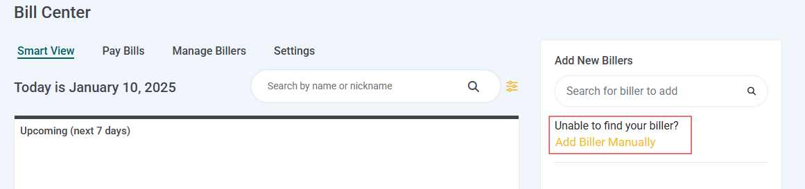 Image of Bill Center screen to manually add a biller